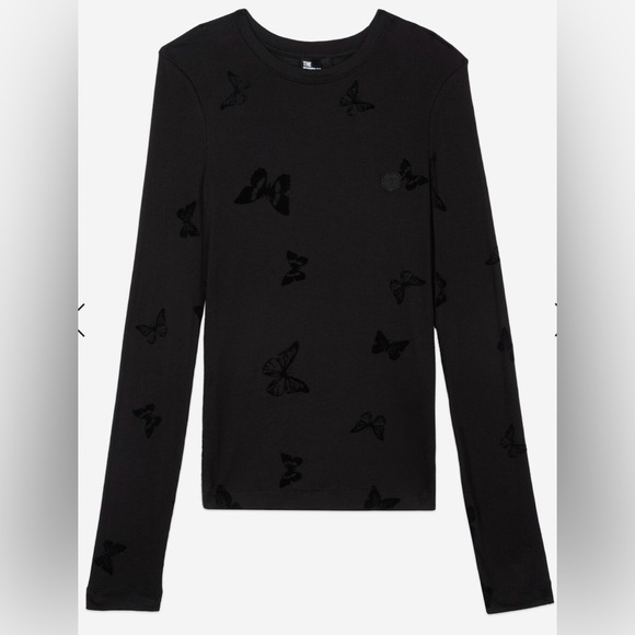 NWT The Kooples Flocked Butterfly Long-Sleeve Ribbed Tee 1 (S) Black Crest - Picture 2 of 11